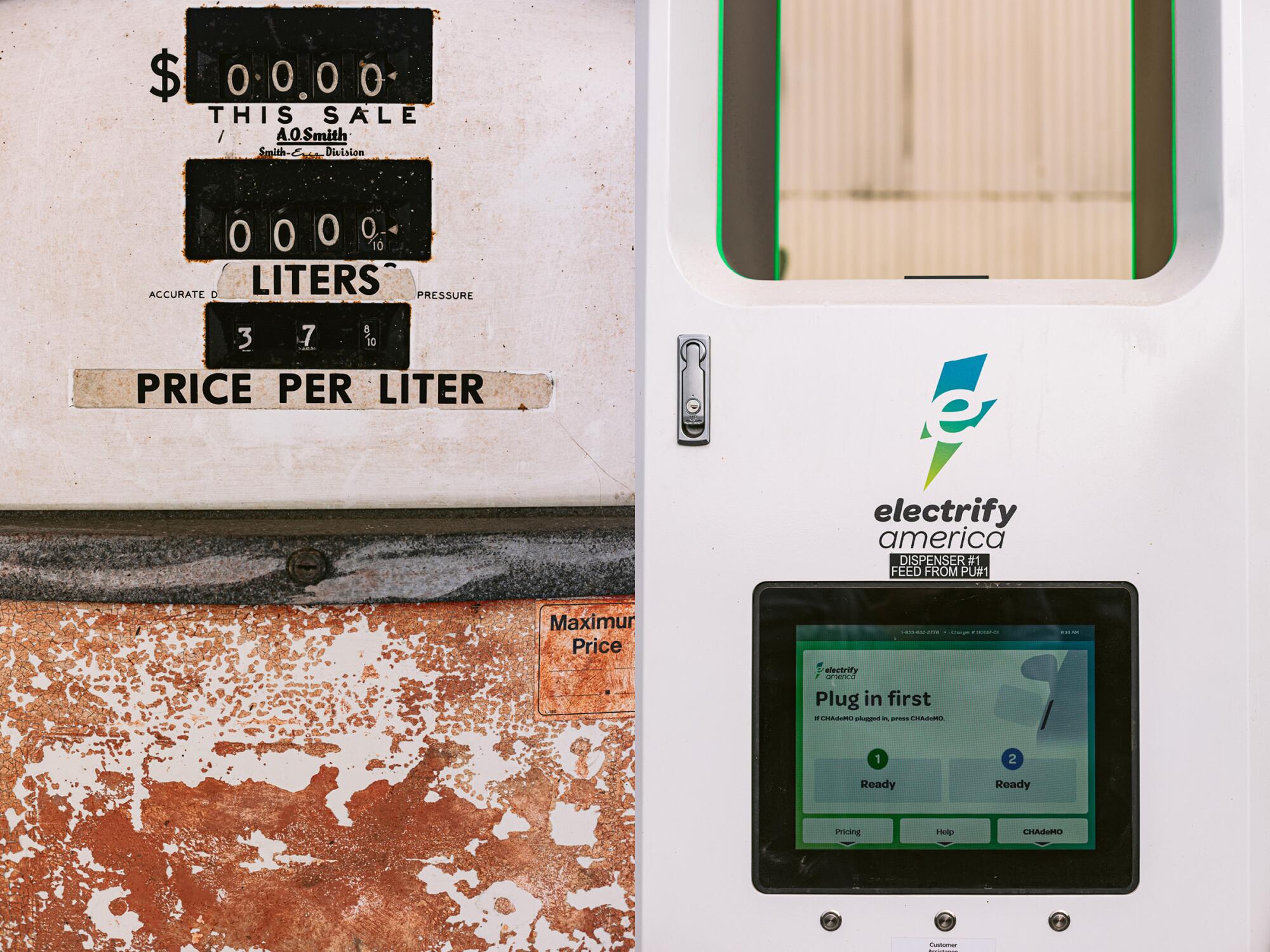 Two photos side by side of an old gas pump, left, and a new electric car charger, right.