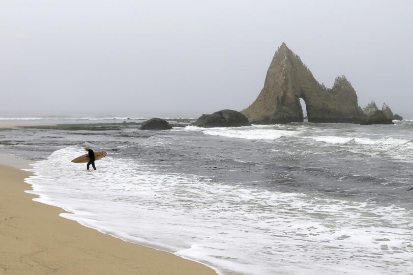 Shark's Tooth Rock at Martins Beach is a popular landmark for surfers and families who have visited the beach for generations.