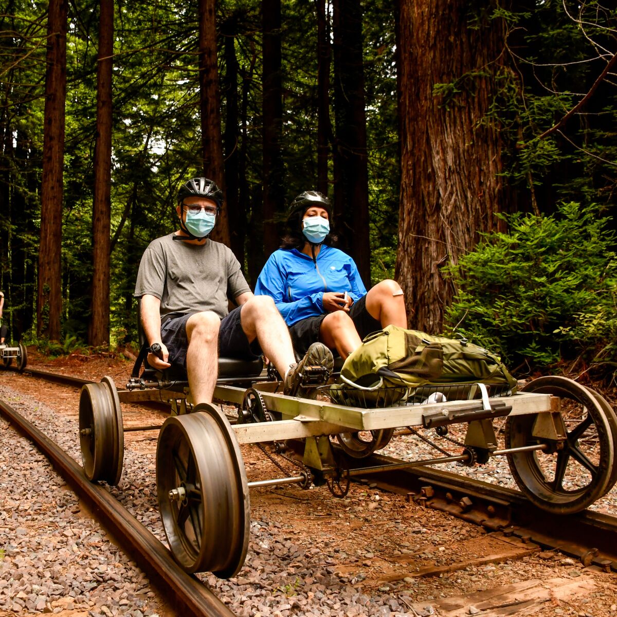 A man and a woman pedal through a forest on a railbike.