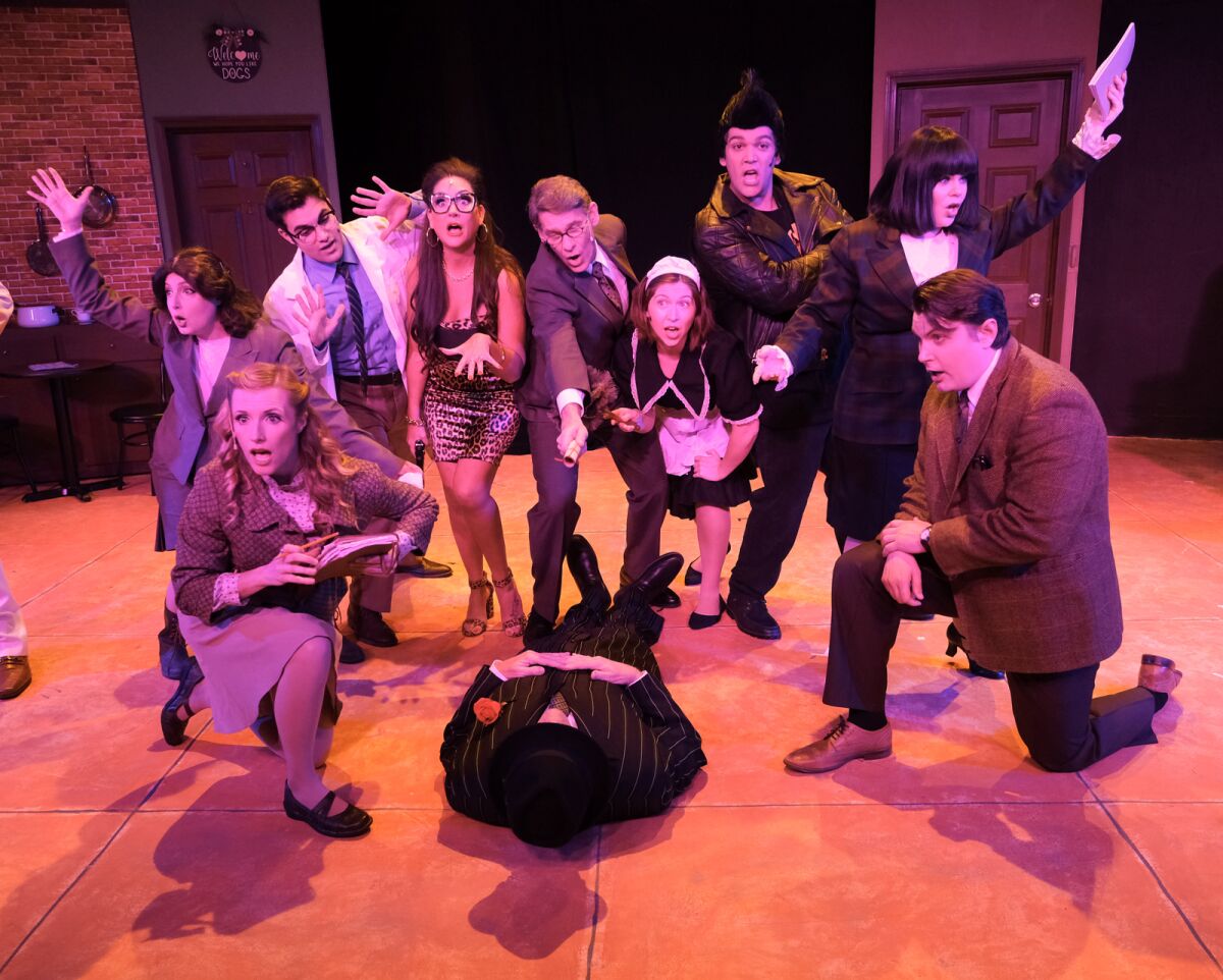 The cast of the musical farce "Lucky Stiff," playing through March 19 at the Brooks Theatre in Oceanside.