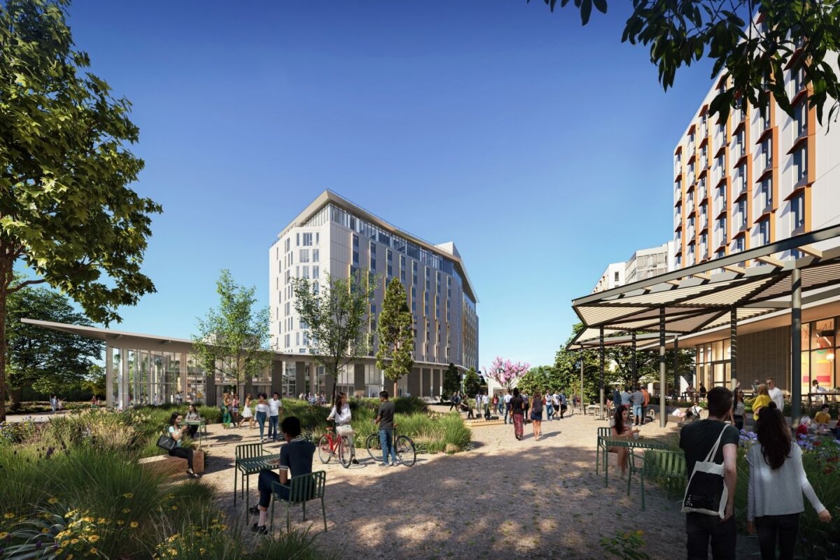A rendering depicts UC San Diego's planned $565 million Theatre District Living and Learning Neighborhood.