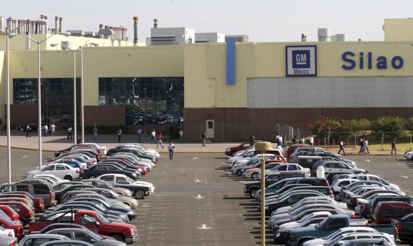 A view of the main entrance to the General Motors assembly plant in Silao, Mexico,