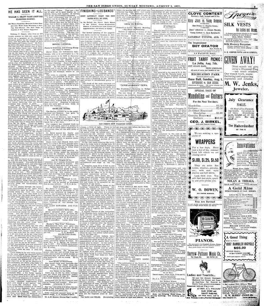 The San Diego Union and Daily Bee, Sunday Aug. 1, 1897.