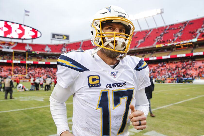KANSAS CITY, MO - DECEMBER 29: Philip Rivers #17 of the Los Angeles Chargers ran off the field following the 31-21 loss to the Kansas City Chiefs at Arrowhead Stadium on December 29, 2019 in Kansas City, Missouri. (Photo by David Eulitt/Getty Images)
