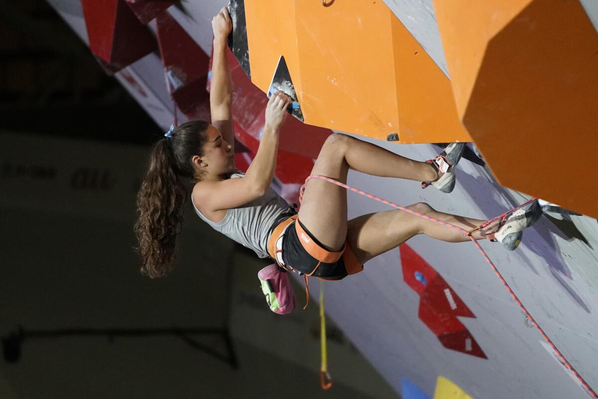 Brooke Raboutou of the United States competes in the lead event during combined women's qualification at the IFSC Climbing World Championships in Hachioji, Japan.