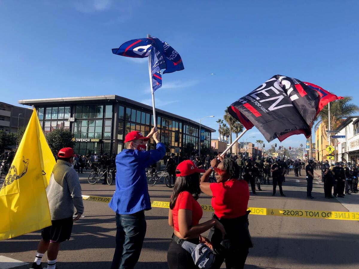 Trump supporters gather in Pacific Beach for a "Patriot March" and are met by counter-protesters Jan. 9.