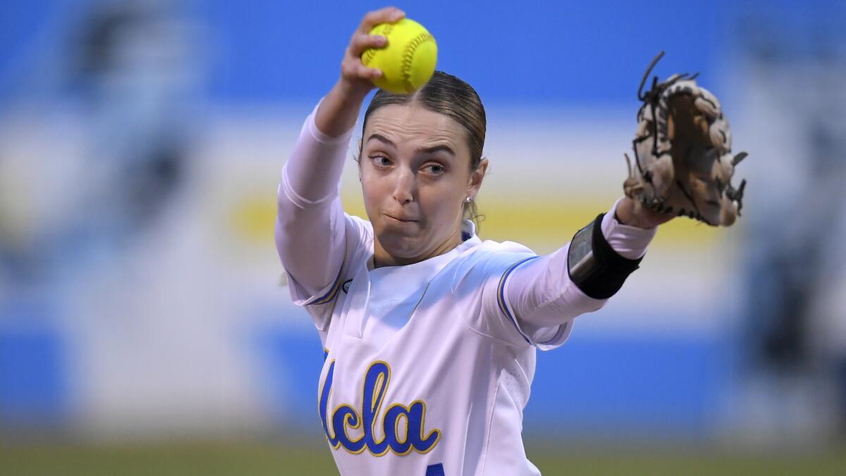 UCLA pitcher Holly Azevedo is about to release a pitch.