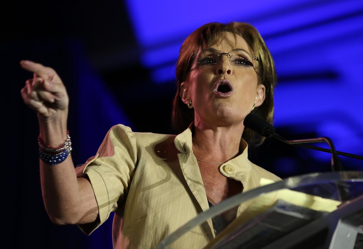 Former Alaska Gov. Sarah Palin speaks at the 2014 Republican Leadership Conference on May 29, 2014, in New Orleans. On July 8, she called for the impeachment of President Obama over the humanitarian crisis at the border with Mexico.
