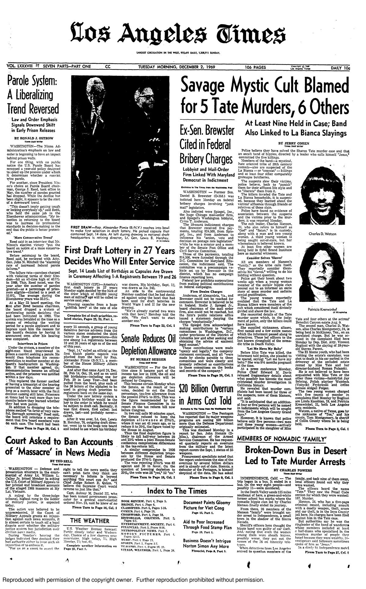 The front page of the Los Angeles Times on Dec. 2, 1969
