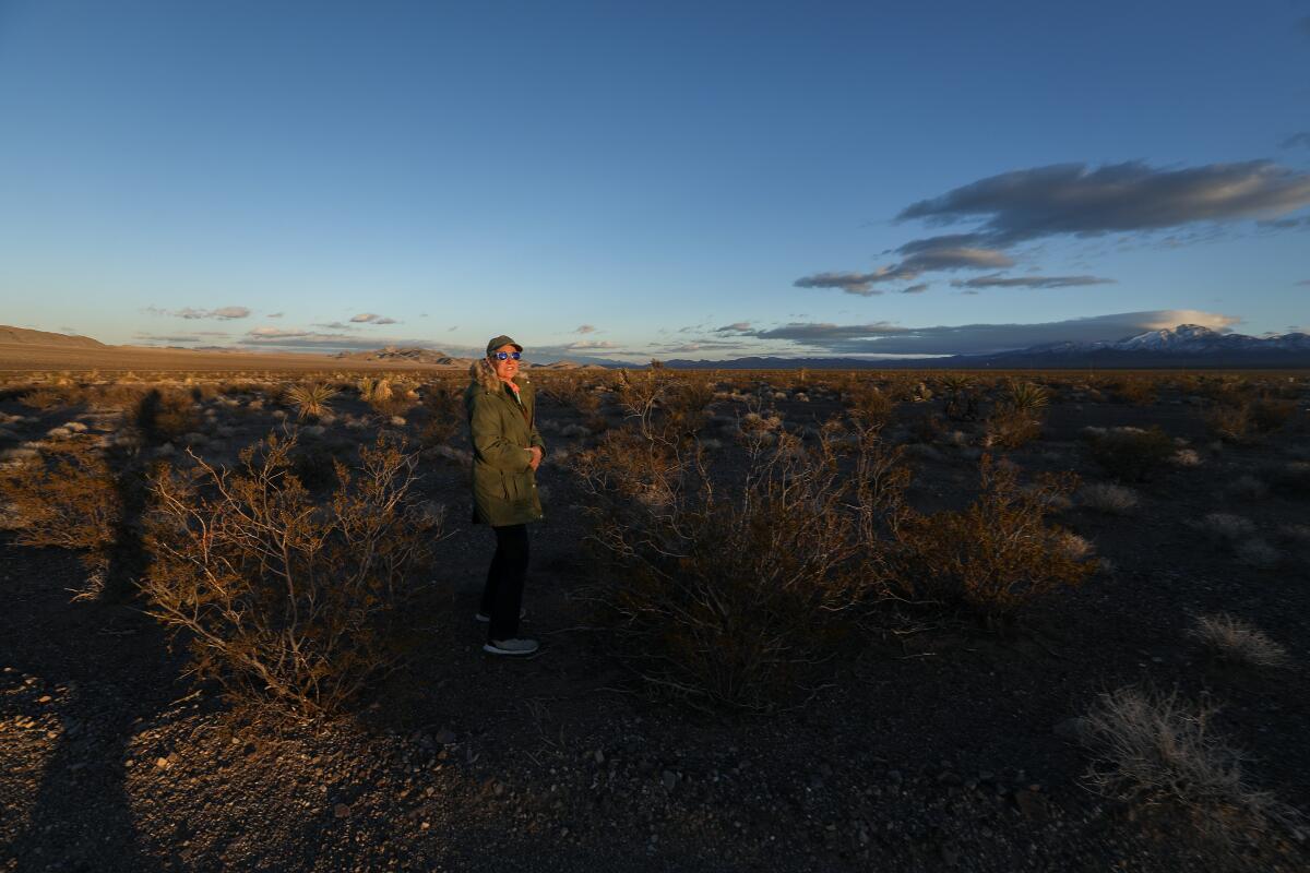 Laura Cunningham, co-founder of Basin and Range Watch, enjoys Indian Springs Valley at sunset.