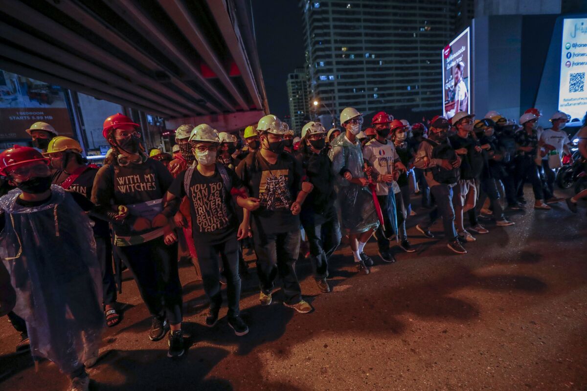Pro-democracy activists march to the prime minister's office in Bangkok, Thailand.