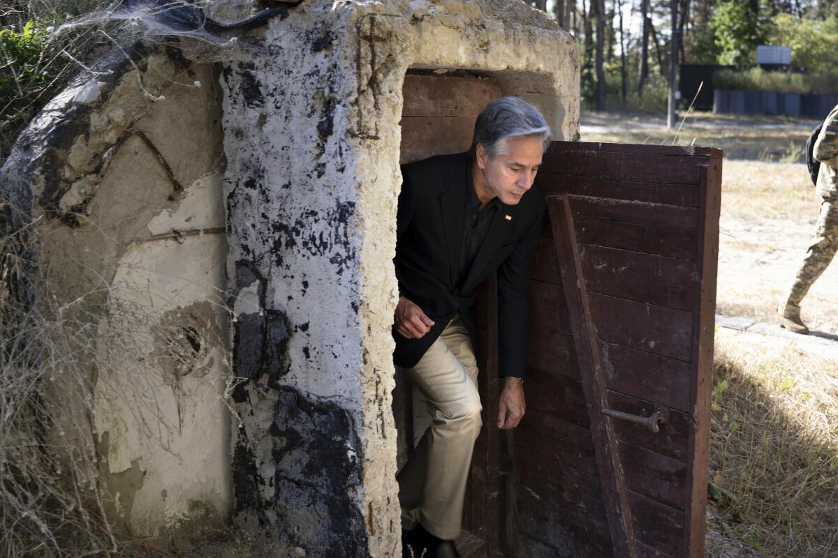 U.S. Secretary of State Antony J. Blinken emerging from a bunker in the Kyiv region of Ukraine