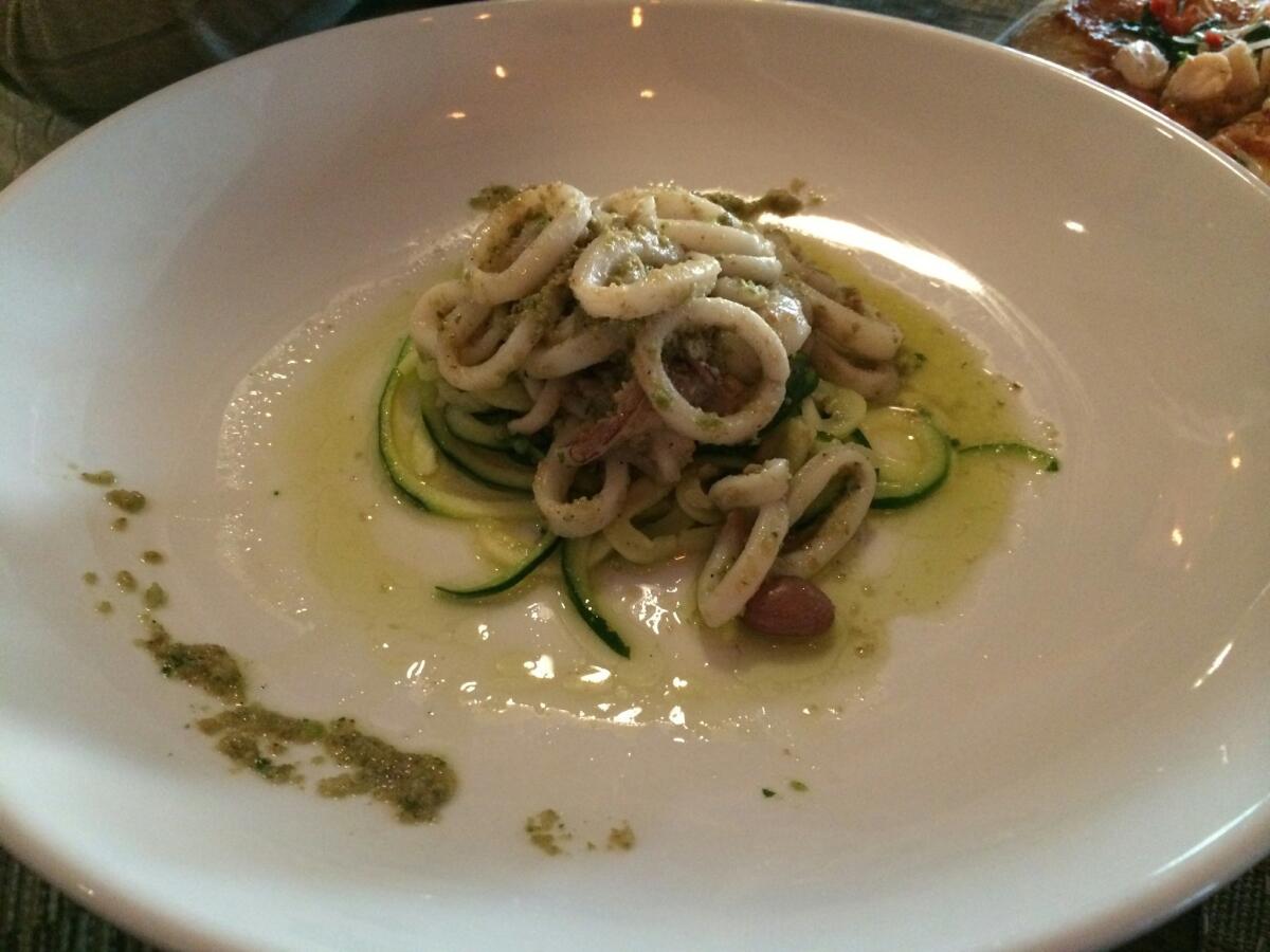 A carbaholics dream: Sea 180's calamari on zucchini "pasta" ribbons. — Michele Parente photo