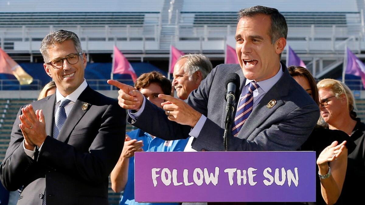 Mayor Eric Garcetti, right, and Casey Wasserman, chairman of the LA 2028 committee.