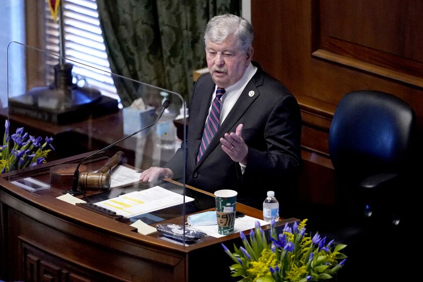 FILE - Tennessee Lt. Gov. Randy McNally, R-Oak Ridge, presides over the Tennessee Senate on the first day of the legislative session, Jan. 12, 2021, in Nashville, Tenn. On Thursday, March 9, 2023, McNally apologized after revelations that he interacted on social media with nearly nude photos of a young gay model, in addition to more posts by the man and other LGBTQ personalities, even as the lawmaker has led a Senate that has passed bills targeting the LGBTQ community. (AP Photo/Mark Humphrey, File)