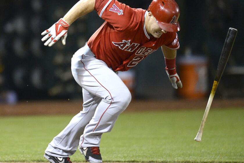 Mike Trout singles against the Oakland Athletics on May 30.