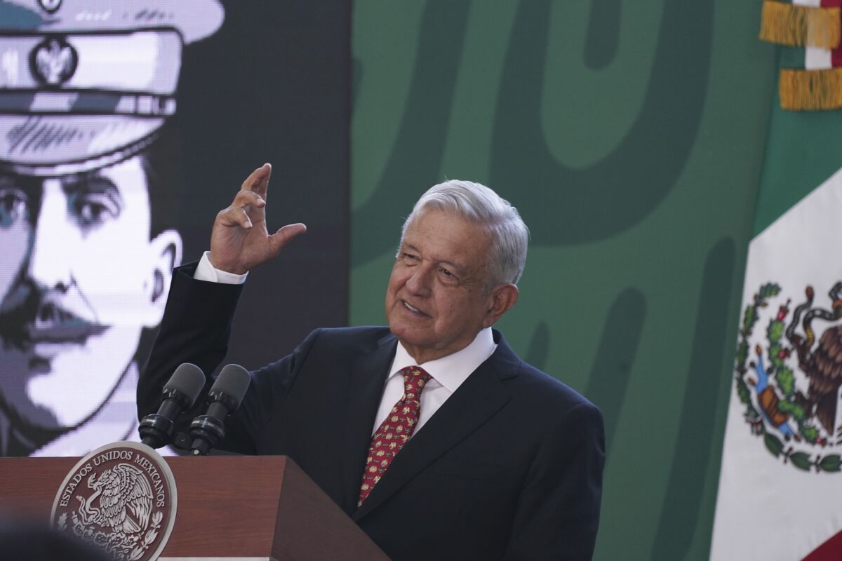 Mexican President Andres Manuel Lopez Obrador speaks during his daily morning press conference before officially inaugurating the Felipe Angeles International Airport, AIFA, north of Mexico City, Monday, March 21, 2022. (AP Photo/Marco Ugarte)