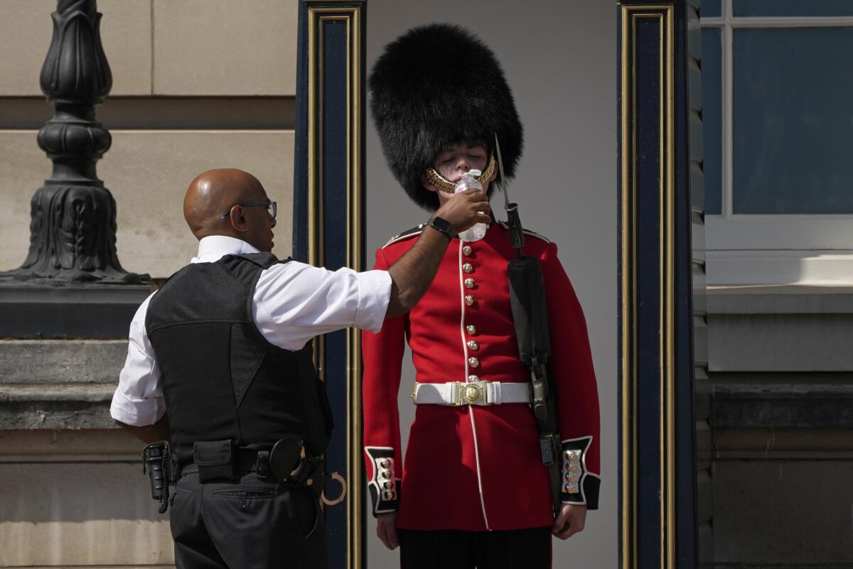 A police officer givers water to a British soldier wearing a traditional bearskin hat, on guard duty outside Buckingham Palace, during hot weather in London, Monday, July 18, 2022. (AP Photo/Matt Dunham)