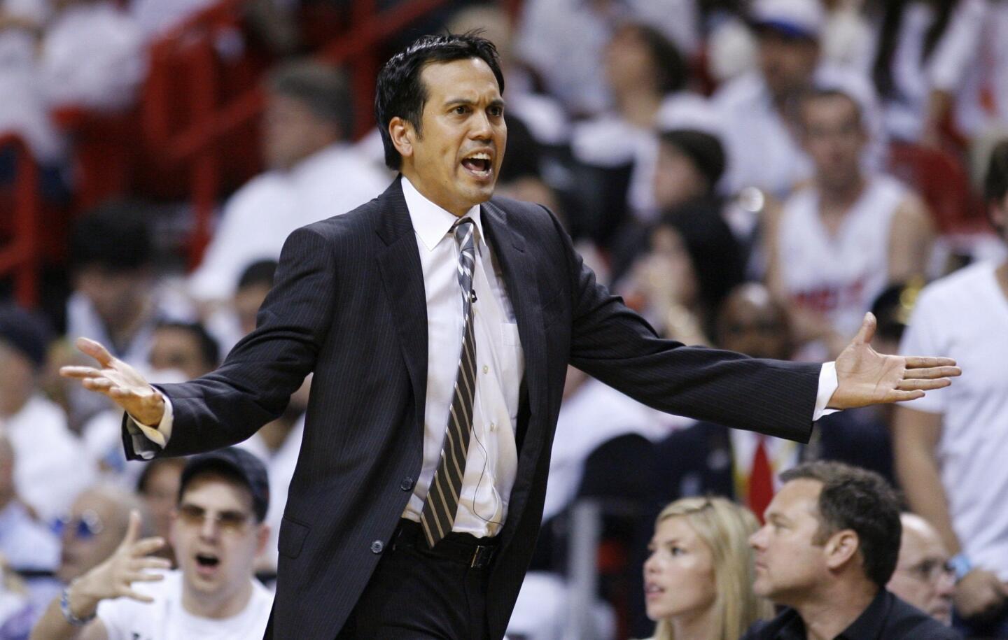 Miami Heat coach Spoelstra reacts as they play Indiana Pacers during Game 2 of their NBA Eastern Conference playoff in Miami