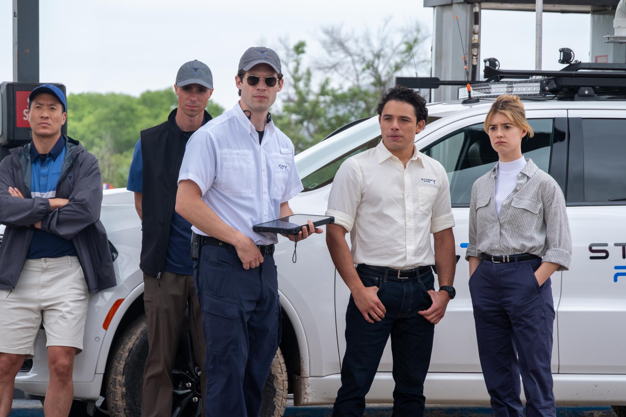 (from left) Mike, Peter , Scott, Javi (Anthony Ramos) and Kate (Daisy Edgar-Jones) in Twisters, directed by Lee Isaac Chung.