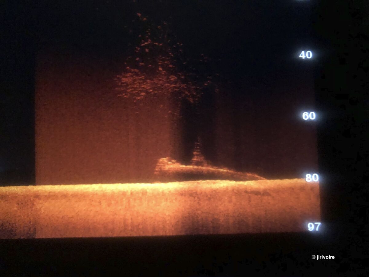 An image on a sonar screen shows a silhouette shape of a submarine lying on the ocean floor somewhere in the Strait of Malacca on Oct. 21, 2019. Divers have found what they believe is the wreck of a U.S. Navy submarine lost 77 years ago in Southeast Asia, providing a coda to a stirring but little-known tale from World War II. (Jean Luc Rivoire via AP)