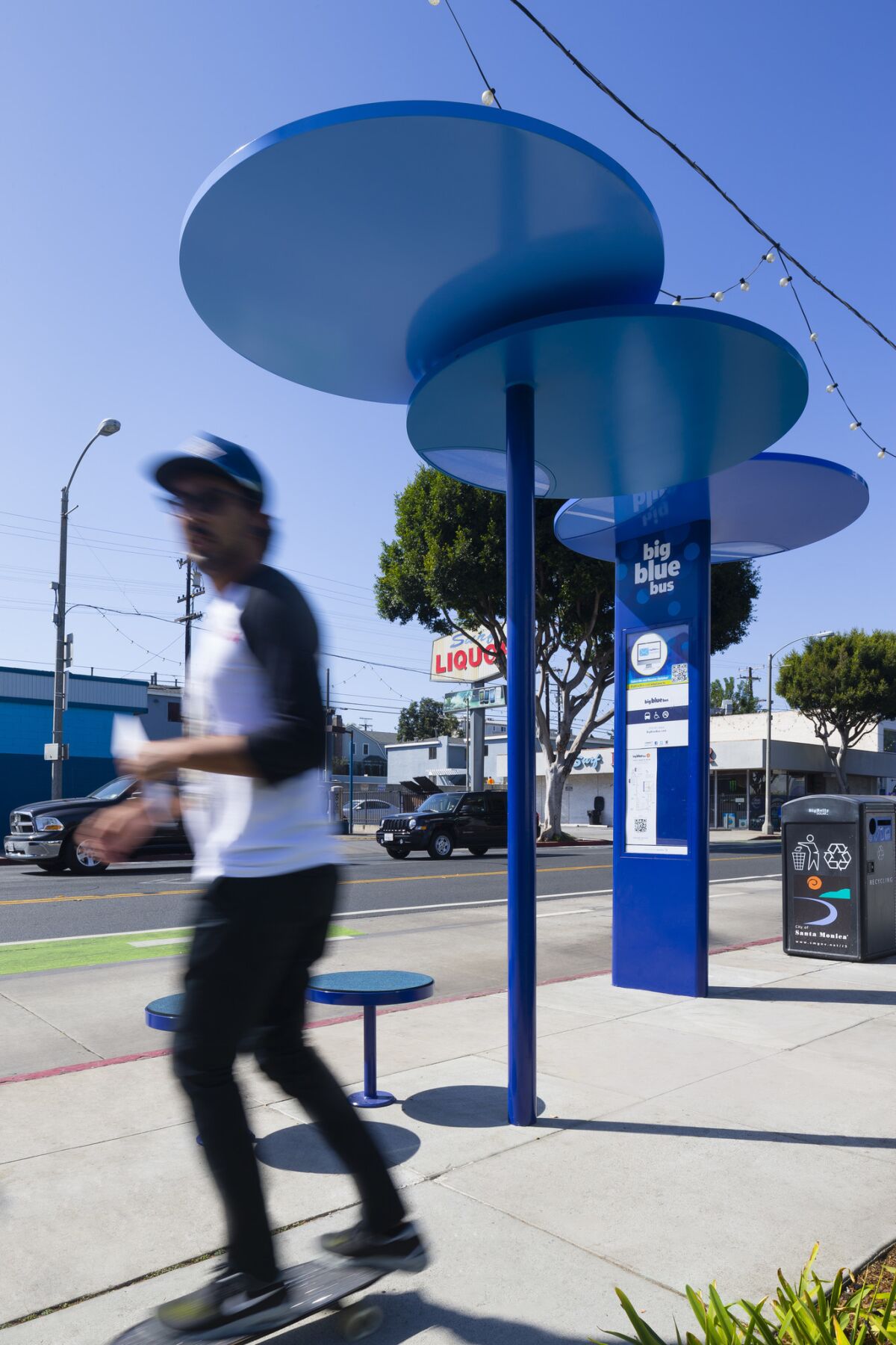LOHA's design for the Big Blue Bus in Santa Monica in 2016 consists of shelters that can be sized according to need.
