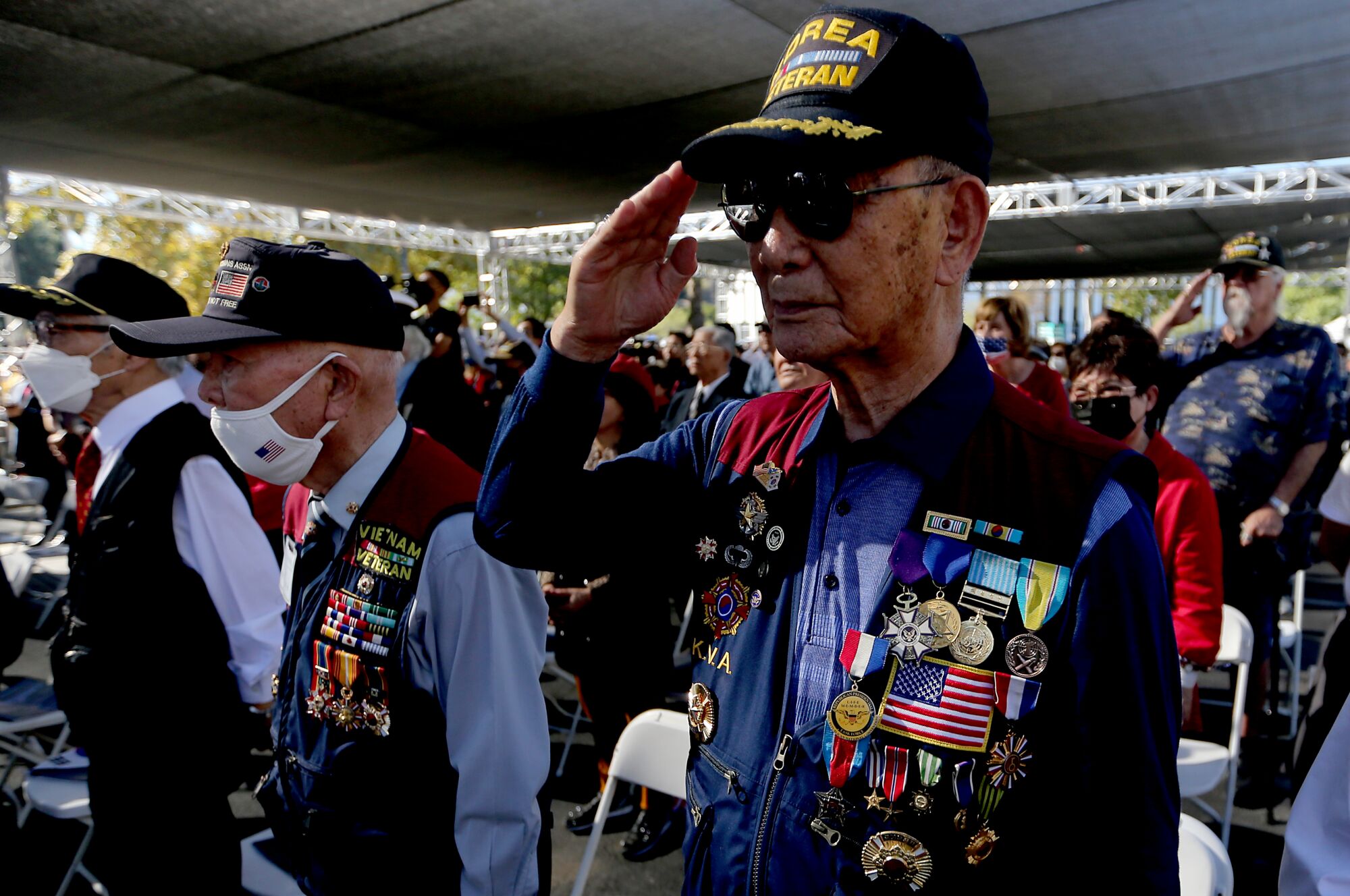 An elderly man wearing several military medals and pins salutes