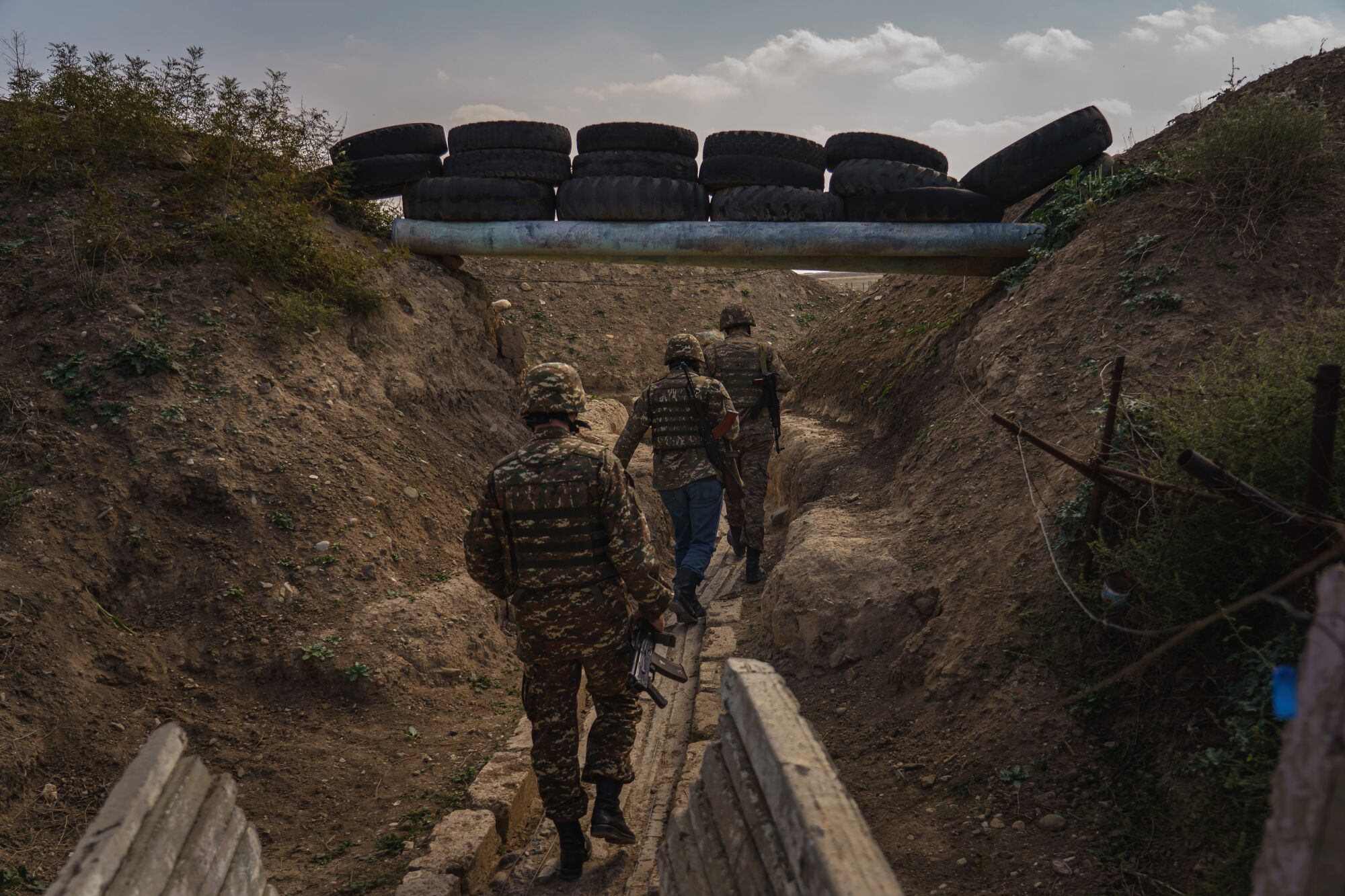 Soldiers guard an outpost against attack from Azerbaijan outside of Martakert, Nagorno-Karabakh.