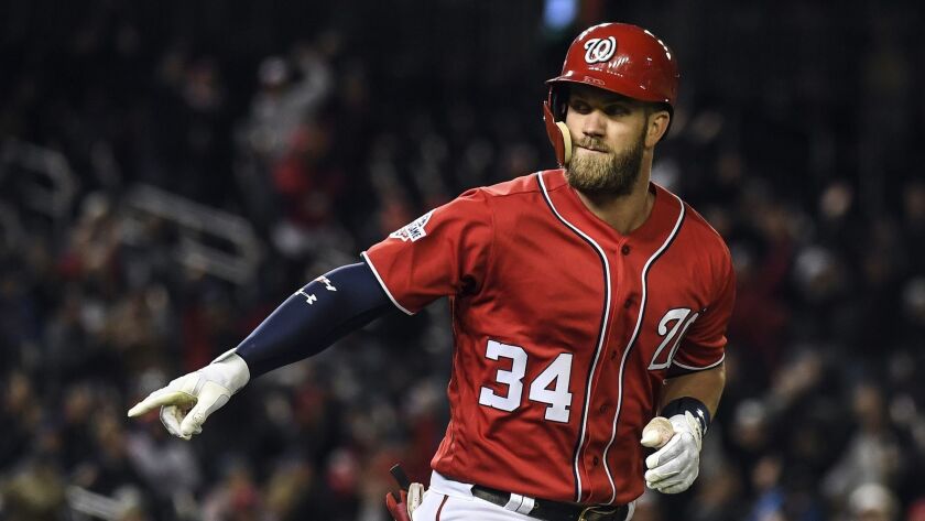 Washington Nationals right fielder Bryce Harper (34) after hitting a two-run homer against the New York Mets at Nationals Park on April 8, 2018.