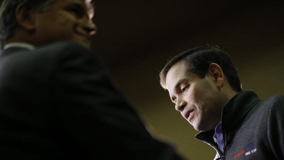 Sen. Marco Rubio (R-Fla.) before a town hall in West Des Moines, Iowa, in January, during his presidential campaign.