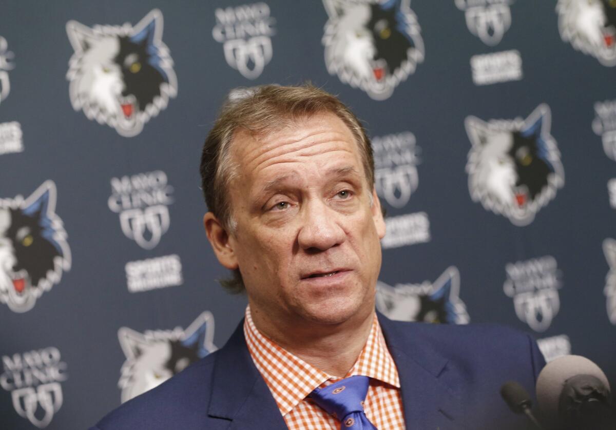 Minnesota Timberwolves President and Coach Flip Saunders talks to reporters during a June 25 news conference in Minneapolis.