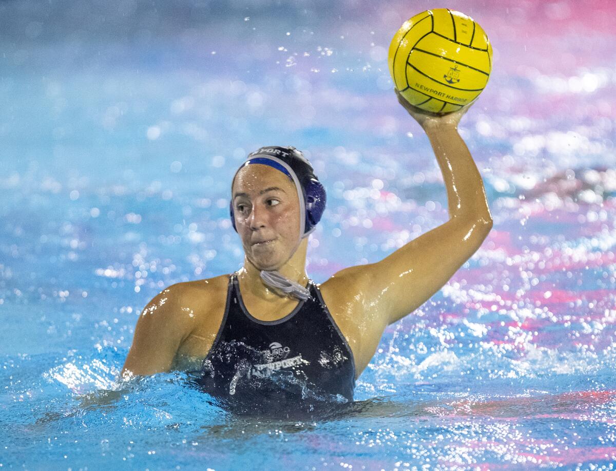 Newport Harbor's Avery Montiel, shown shooting against CdM on Dec. 23, 2021, scored twice for the Sailors.  
