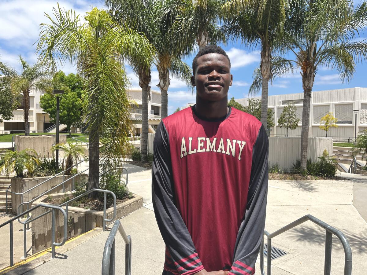 Bishop Alemany High's 6-foot-10 sophomore Samuel Mbingazo poses for a photo.