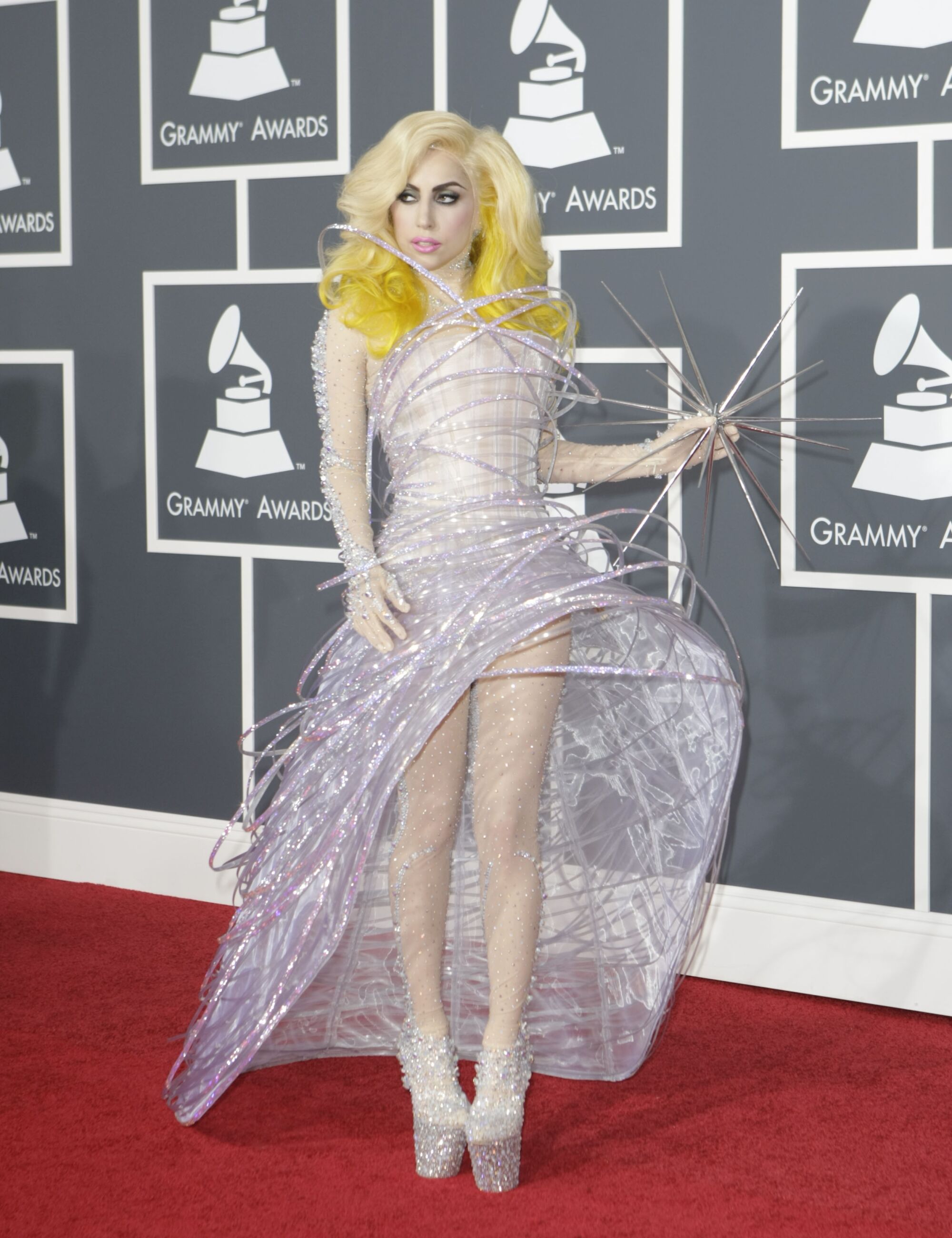 Lady Gaga shows off her gown at the Grammy¨ Awards in 2010. 