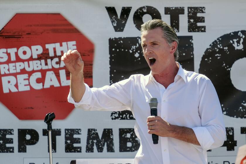 California Gov. Gavin Newsom speaks at a rally against the California gubernatorial recall election