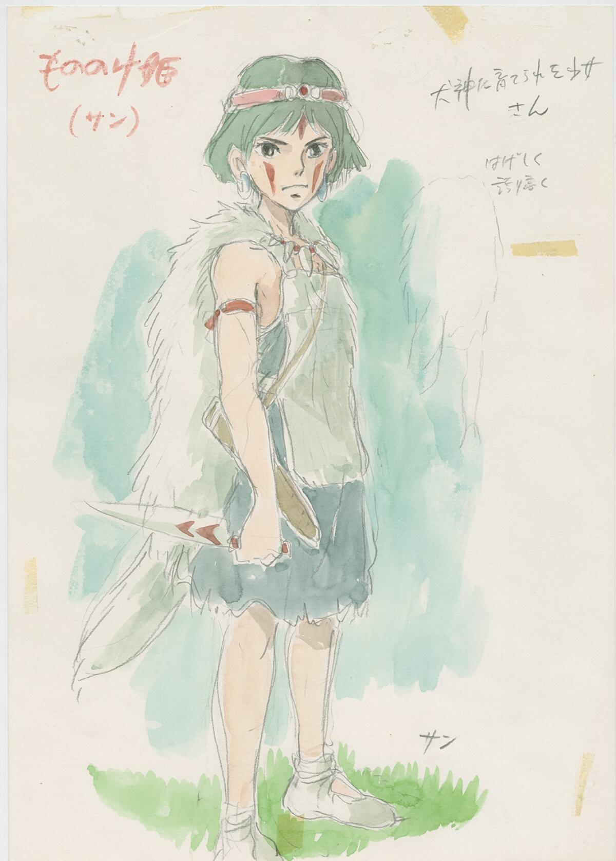 Drawing of "Princess Mononoke" character San by Hayao Miyazaki