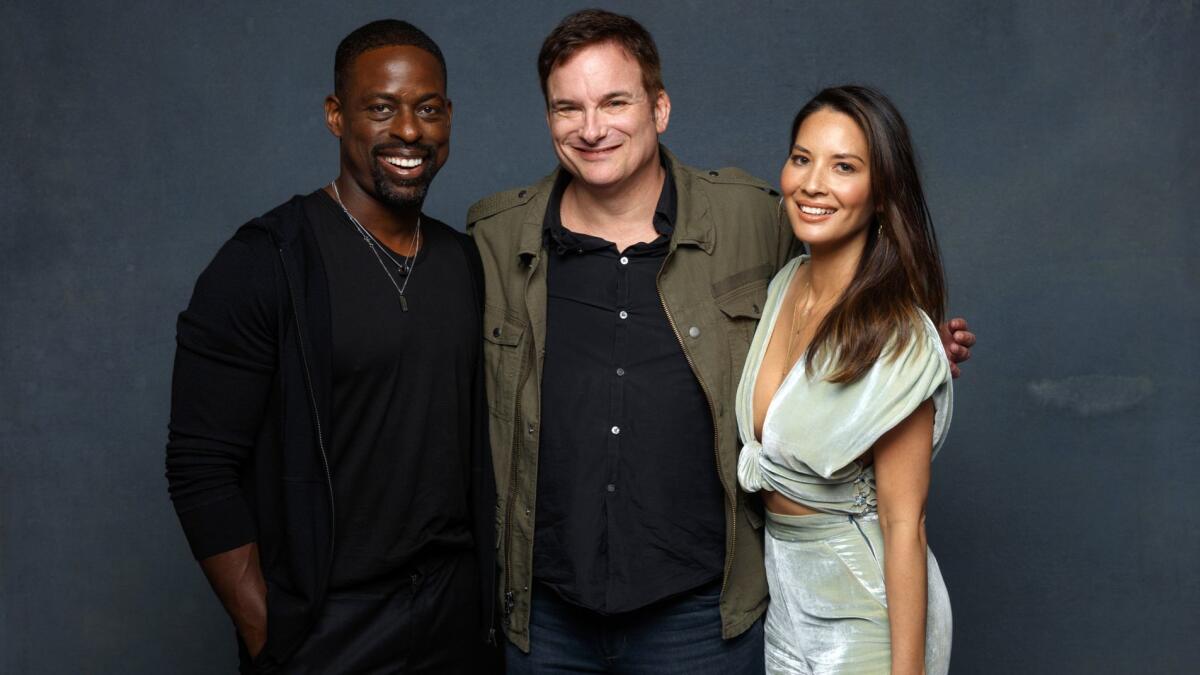 Sterling K. Brown, Shane Black and Olivia Munn from the film "The Predator."
