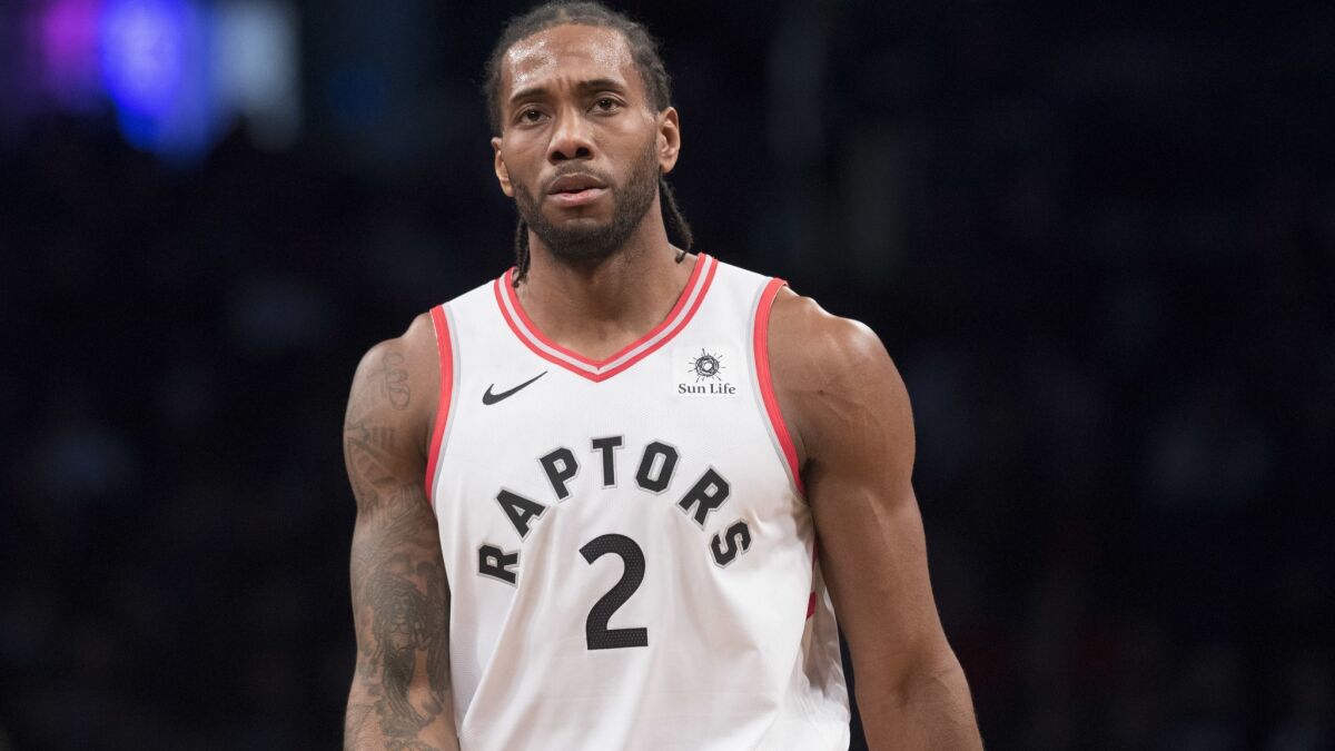 Toronto Raptors forward Kawhi Leonard during a pause in action in the first half against the Brooklyn Nets on Friday.