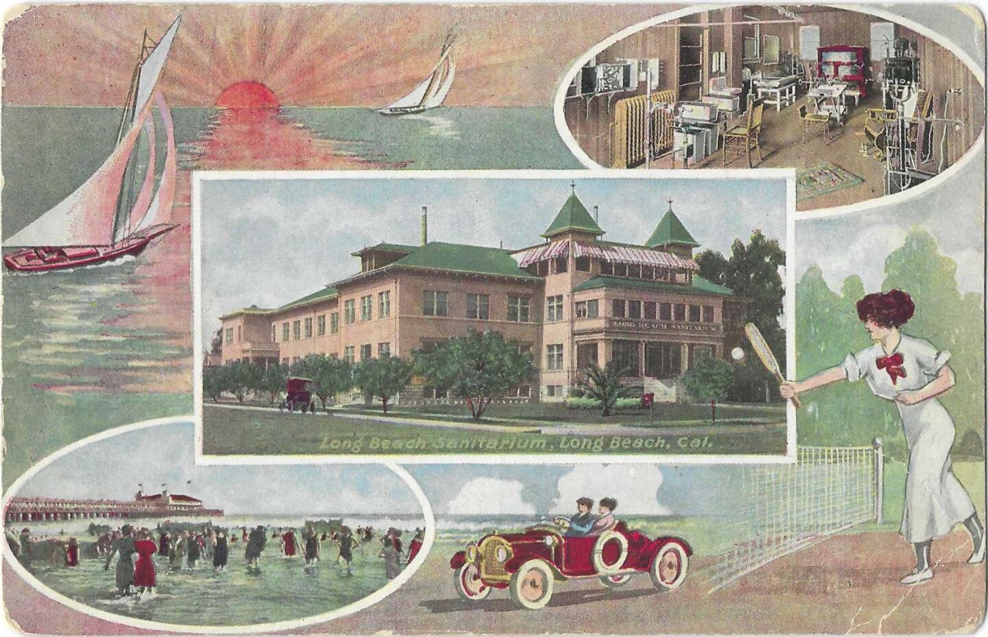 Sailboats, tennis, driving on the beach and a patient room shown on a vintage postcard