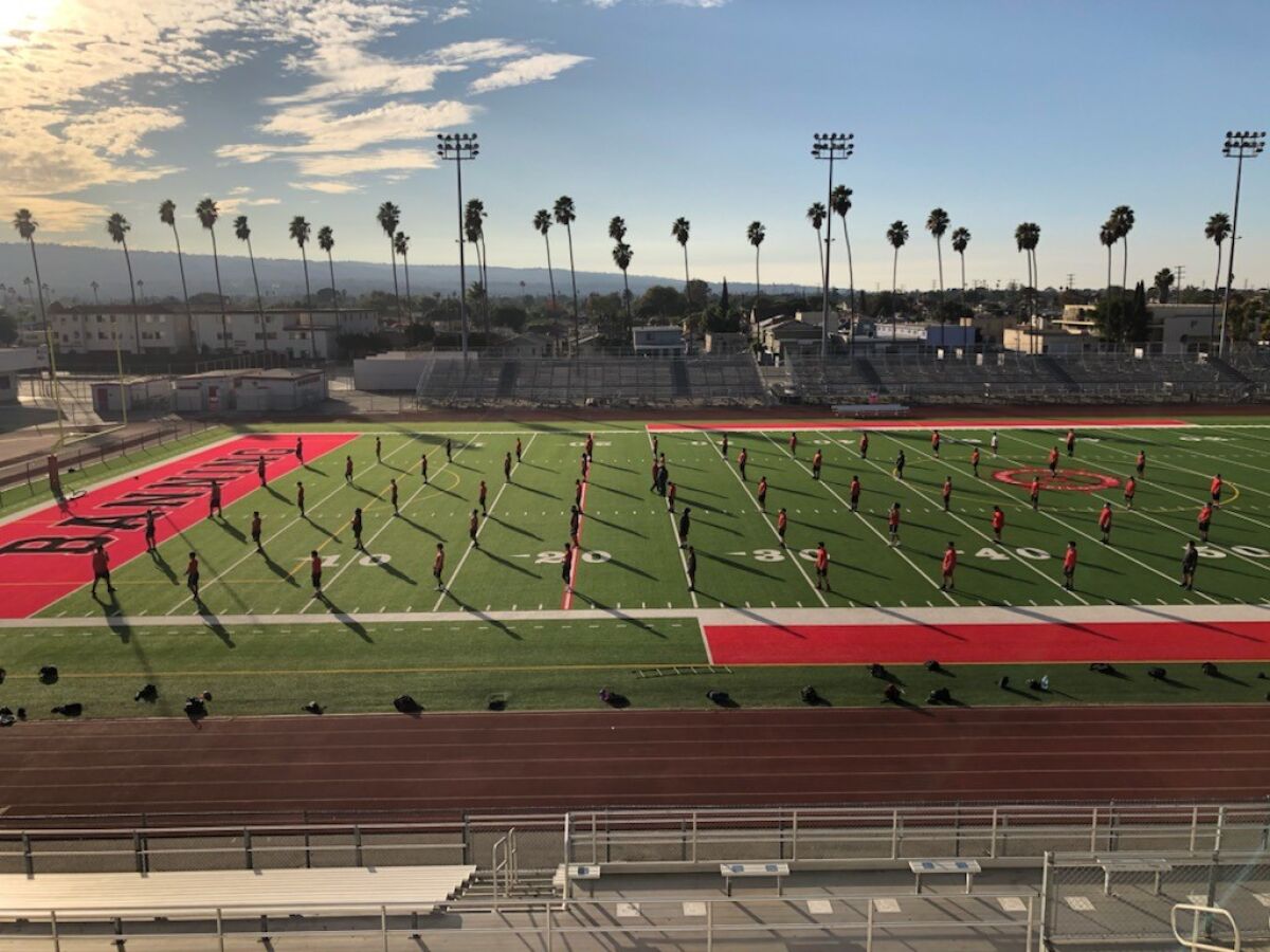 Banning High football players work out last month, when L.A. Unified was still allowing teams to engage in conditioning.