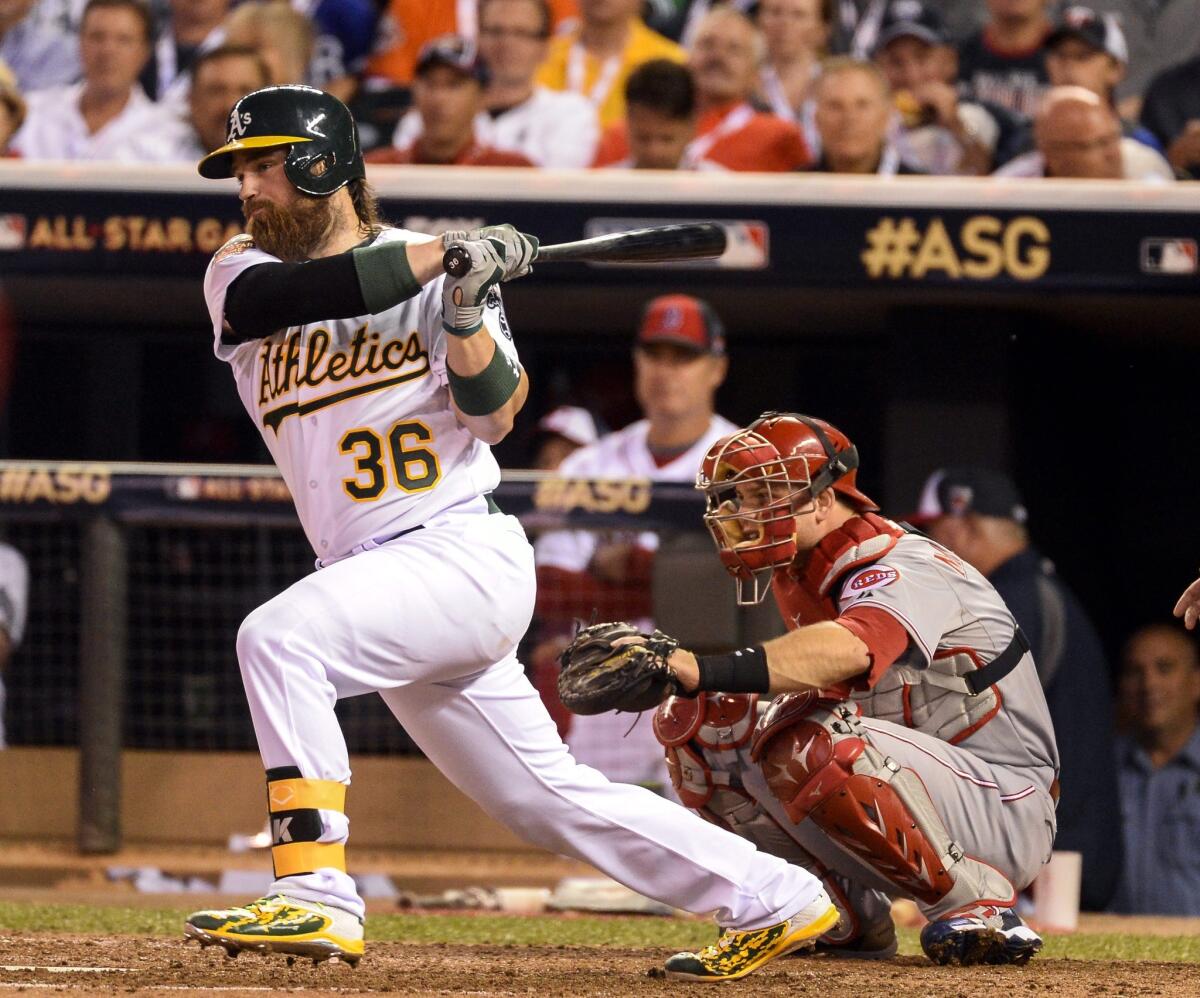 Oakland Athletics catcher Derek Norris singles during the fifth inning of the MLB All-Star Game.