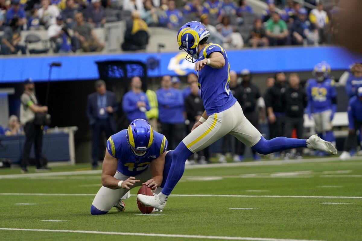 Rams placekicker Lucas Havrisik (8) made two field goals against the Commanders but also missed one attempt.