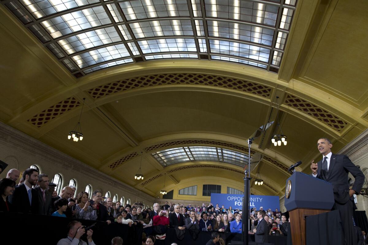 President Obama speaks at Union Depot in St. Paul, Minn., about his $300-billion transportation infrastructure plan.