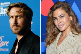 A phot of Ryan Gosling in a black shirt against a blue back ground, another photo of Eva Mendes in a beige, plaid blazer