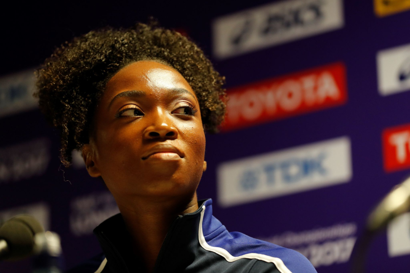 US athlete Tianna Bartoletta attends a press conference at the London Stadium in London on August 3, 2017.