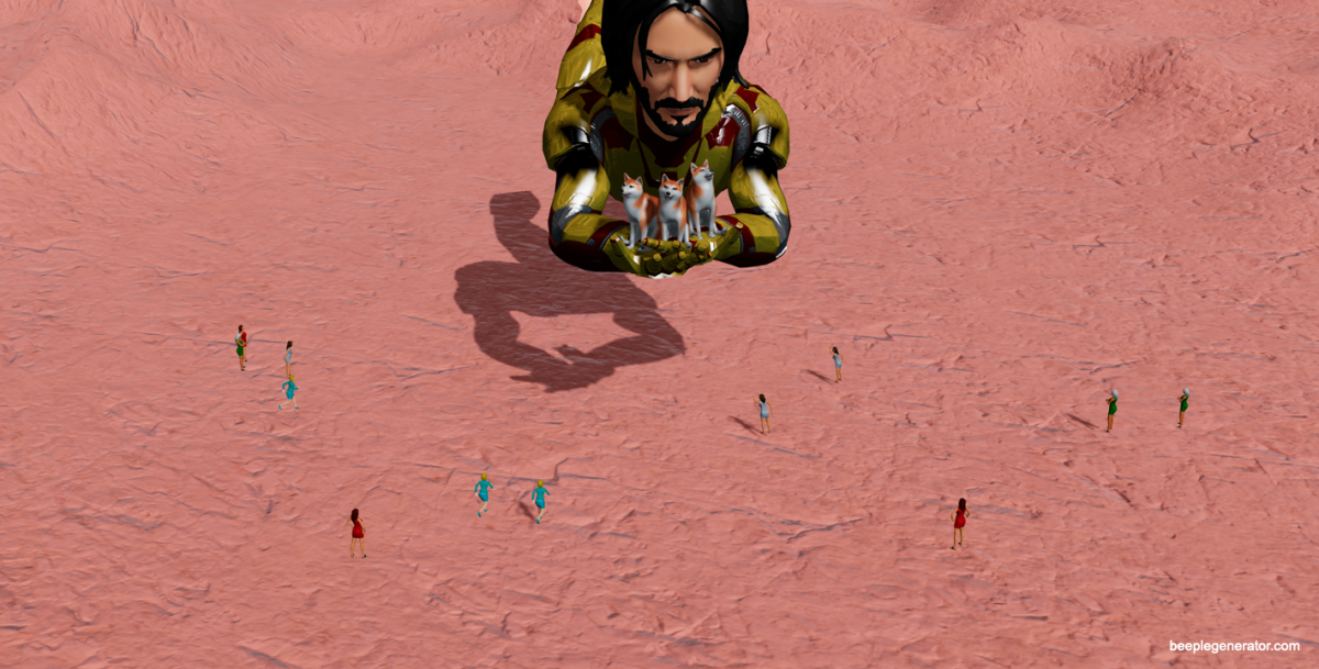 A rendering shows a figure that looks like Keanu Reeves floating above a pink landscape while holding a trio of dogs