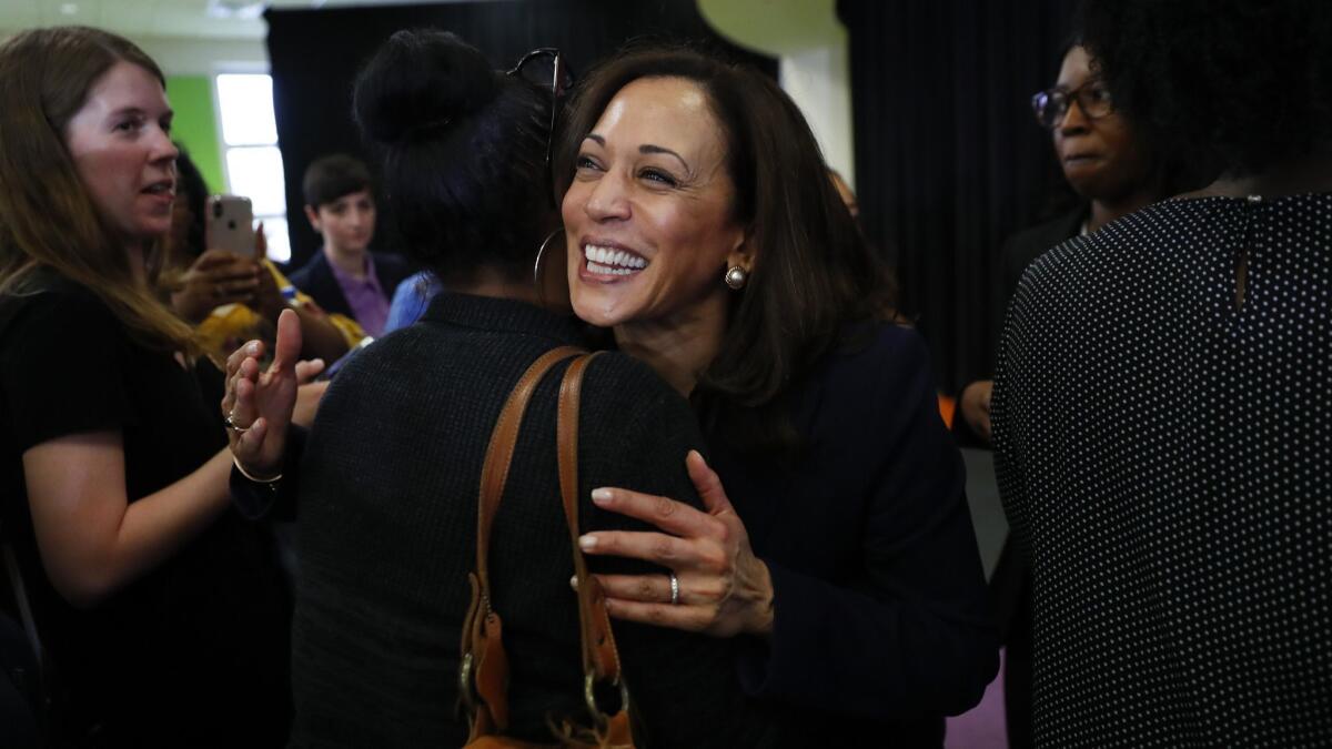Democratic presidential candidate Sen. Kamala Harris greets supporters after a town hall for the American Federation of Teachers in Detroit on May 6.