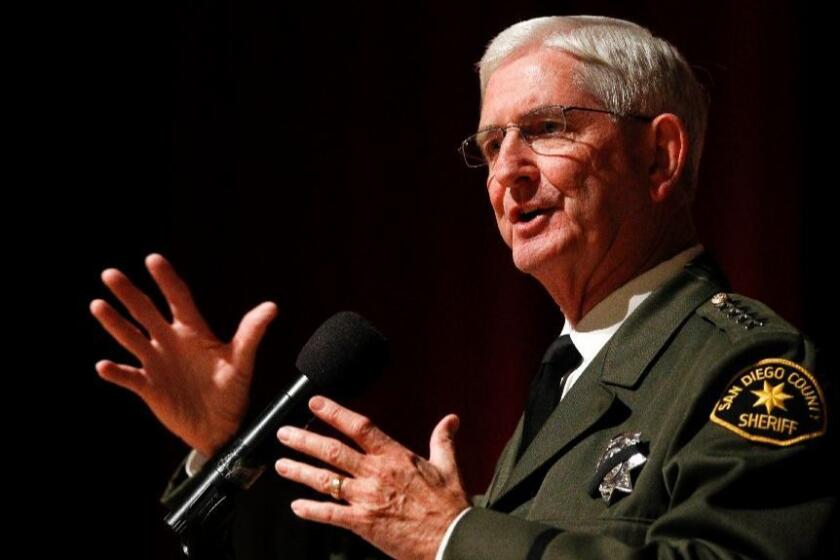 San Diego Sheriff Bill Gore speaks during a memorial for former San Diego Sheriff and former San Diego Police Chief William "Bill" Kolender at the Bob Hope Theater at Marine Corps Air Station Miramar in San Diego on Friday.