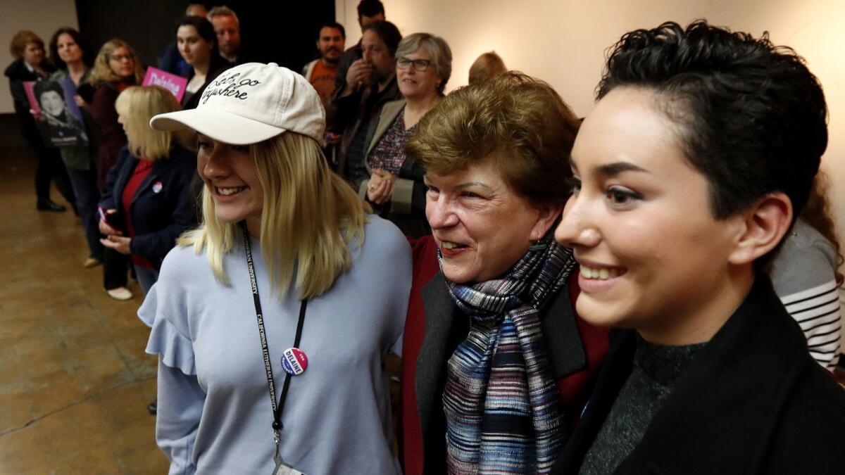 Gubernatorial candidate Delaine Eastin, second from right, meets with members of Democratic and progressive political groups during a community meeting at the Bell Arts Factory in Ventura on Mar. 14. Eastin, 70, was the first woman to be elected California state schools chief.