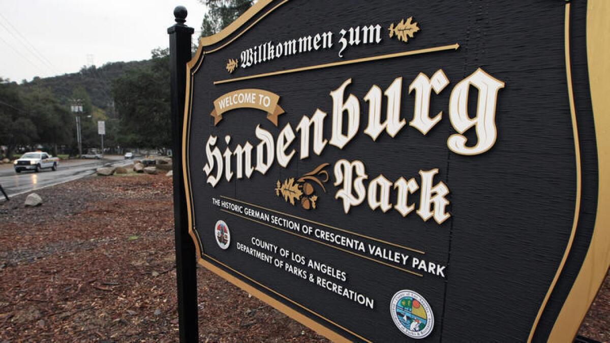 Hindenburg Park lies within Crescenta Valley Park, which was purchased by the county in 1958. The county dedicated a section of the park as Hindenburg Park in 1992.